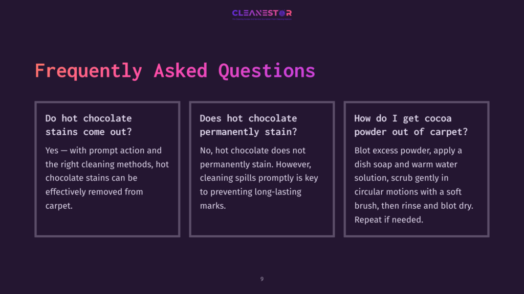 Three Question-And-Answer Blocks On A Dark Purple Background, Discussing Hot Chocolate Stains, Cleaning Tips, And Prevention Methods.