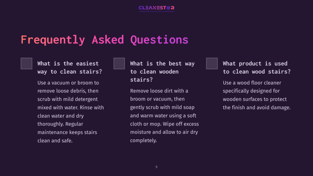 Text On A Dark Purple Background Features Faqs About Cleaning Stairs, With White And Light Blue Text Boxes And Checkmarks.