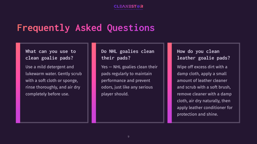 Graphic Featuring Three Faq Boxes With A Dark Background. Text In Pink And White Discusses Cleaning Goalie Pads And Leather Care.