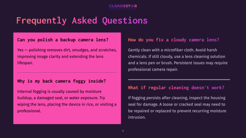 9 Frequently Asked Questions 41 Text On A Pink Background Discusses Fixing Foggy Backup Cameras, With A Black Background Giving Additional Repair Tips And Faqs.