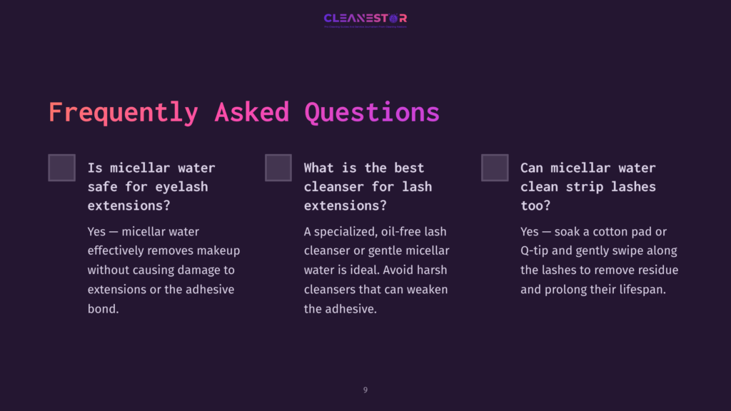 Background In Dark Purple With White Text, Featuring Three Faq Boxes About Cleaning Eyelash Extensions, With Checkboxes And Clear Headings.