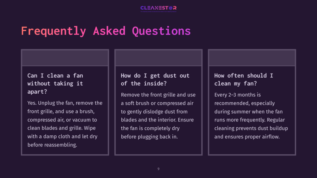 Dark Purple Background With White And Pink Text, Listing Frequently Asked Questions About Cleaning A Fan, Including Steps And Frequency.