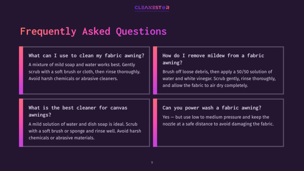 Four Text Boxes With White And Pink Headings On A Dark Purple Background, Detailing Cleaning Tips For Fabric Awnings And Canvas.