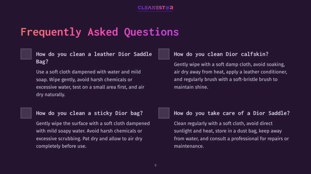 9 Frequently Asked Questions 47 Two Sets Of Questions About Cleaning A Dior Saddle Bag Are Displayed On A Purple Background, With Clear, White Text And Checkboxes.