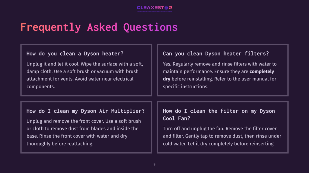Four Rectangular Sections Featuring Faqs About Cleaning Dyson Products; Text In White On A Purple Background, With Clean, Modern Layout.