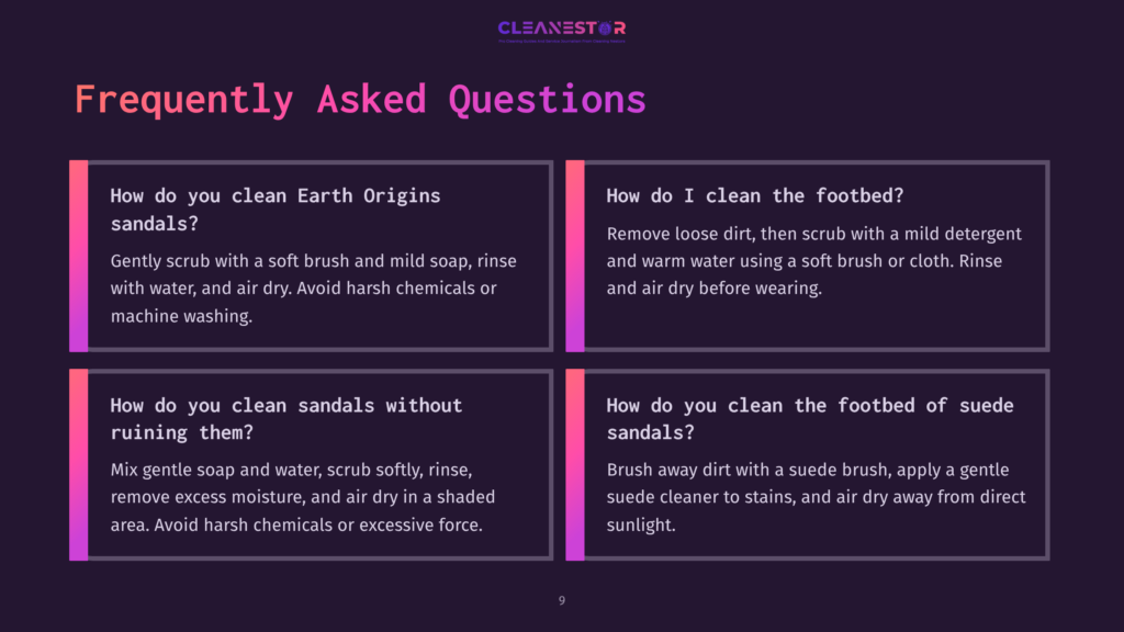 Four Dark Purple Boxes With White Text Outlining Faqs About Cleaning Earth Origins Sandals, Featuring A Consistent Layout And Headings.