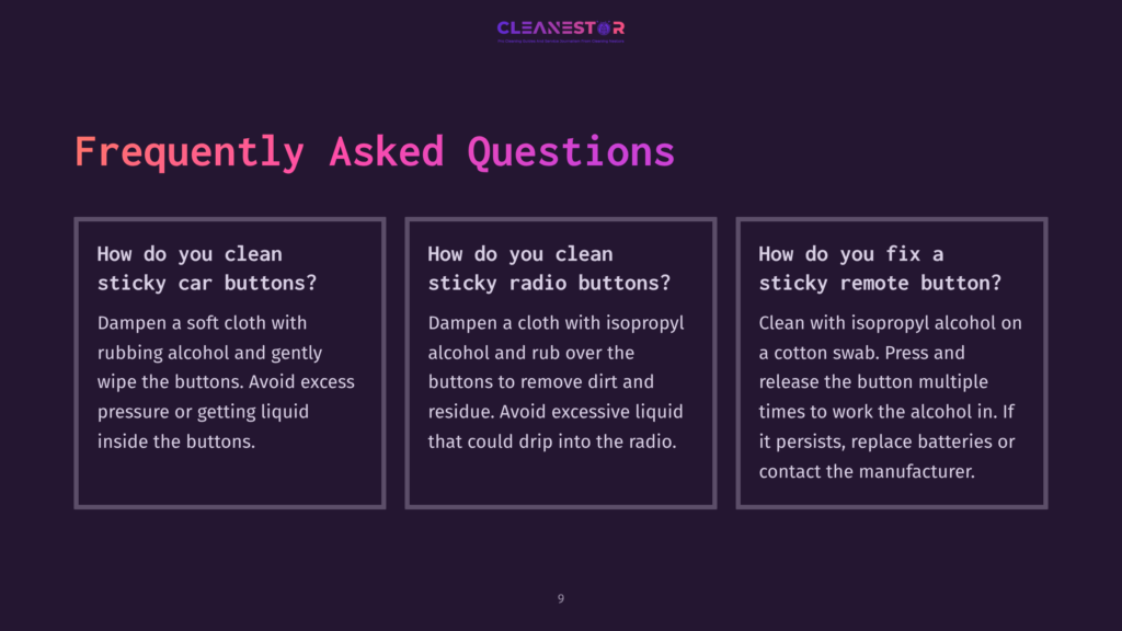Three Blocks Of Text On A Dark Purple Background, Featuring Faqs About Cleaning Sticky Car Buttons, Radio Buttons, And Sticky Residue.