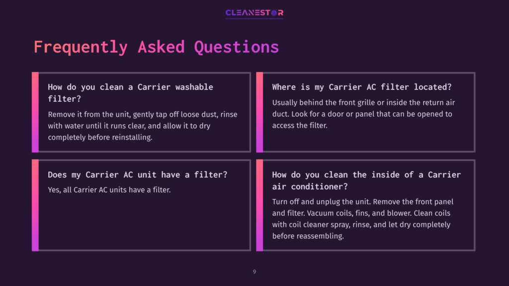 Four-Question Layout With White Text On A Purple Background, Addressing Common Queries About Cleaning Carrier Ac Filters And Maintenance.