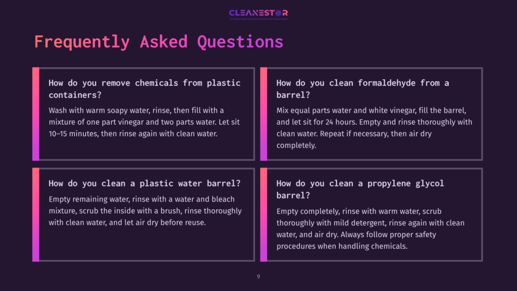 Four Blocks Of Text With White And Purple Backgrounds, Outlining Faqs On Cleaning Chemicals From Different Types Of Plastic Barrels.