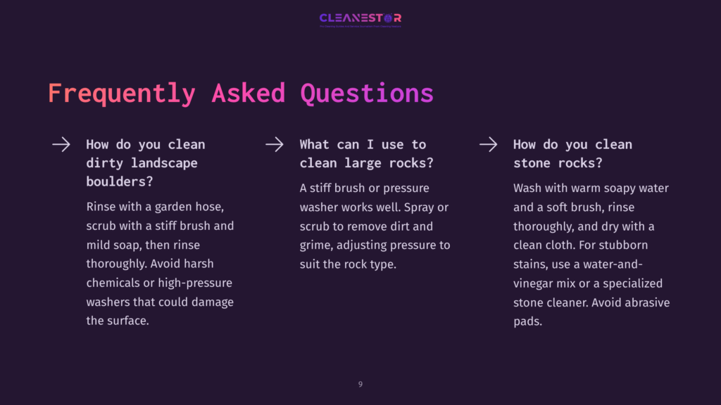 Dark Purple Background With White Text Displaying Faqs About Cleaning Boulders; Includes Arrows And Bullet Points For Clarity.