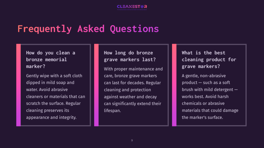 Three Columns Of Text With A Dark Background, Featuring Faqs About Cleaning Bronze Grave Markers, Highlighted With Pink And Purple Accents.