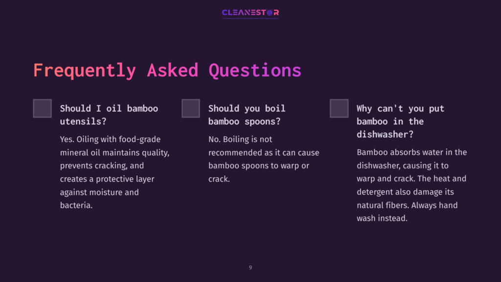 Purple Background With White Text Displaying Faqs About Cleaning Bamboo Utensils, Highlighting Oiling, Boiling, And Dishwashing Concerns.