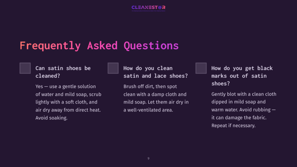 A Dark Purple Background Featuring Three Columns With White Text: Faqs About Cleaning Badgley Mischka Shoes, Including Care Tips.