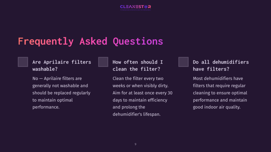 9 Frequently Asked Questions 58 A Dark Purple Background With White Text In A Q&Amp;A Format, Featuring Checkboxes And Questions About Cleaning Aprilaire Filters.