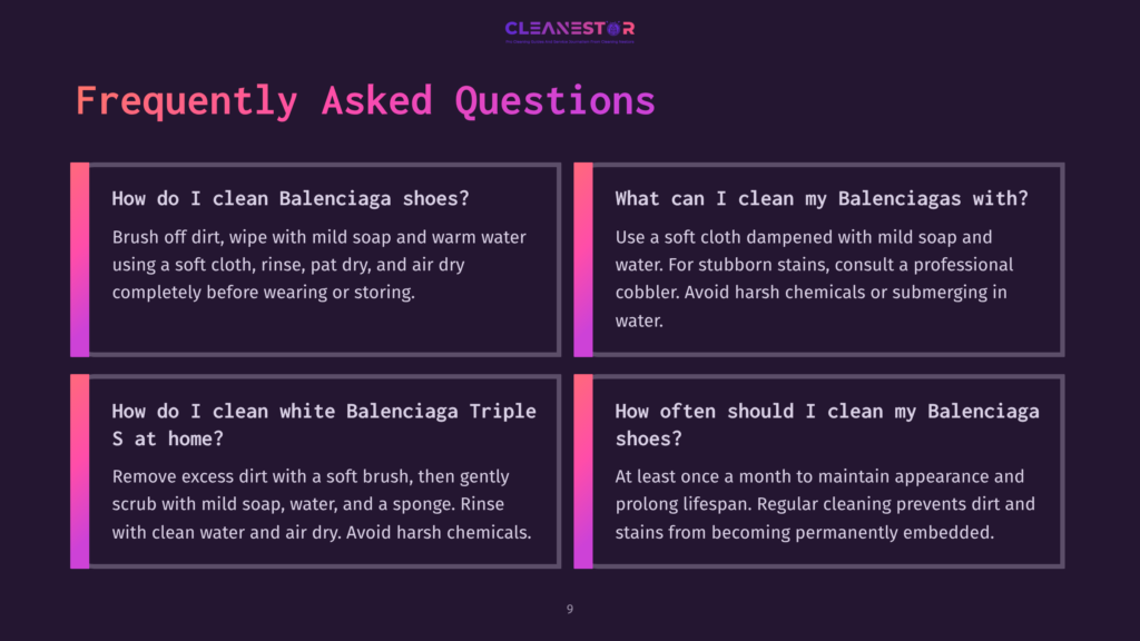 Four Colored Text Boxes With White Text On A Purple Background, Outlining Faqs About Cleaning Balenciaga Shoes And Care Tips.