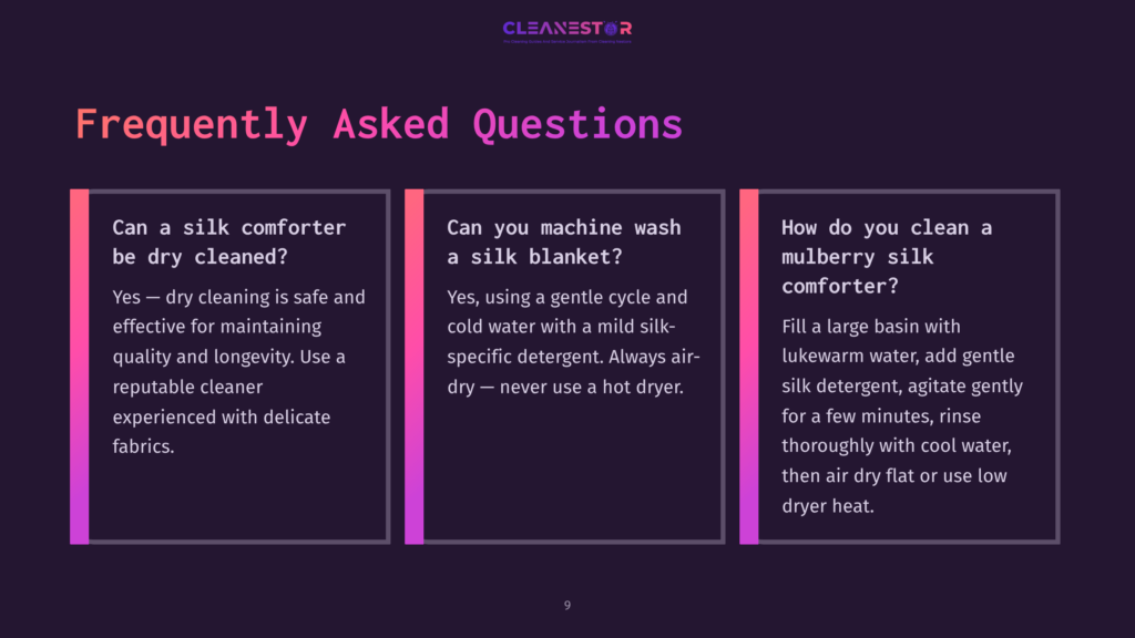 Three Colorful Sections With A Dark Background Featuring Faqs About Cleaning Silk And Mulberry Comforters, With White And Pink Text.