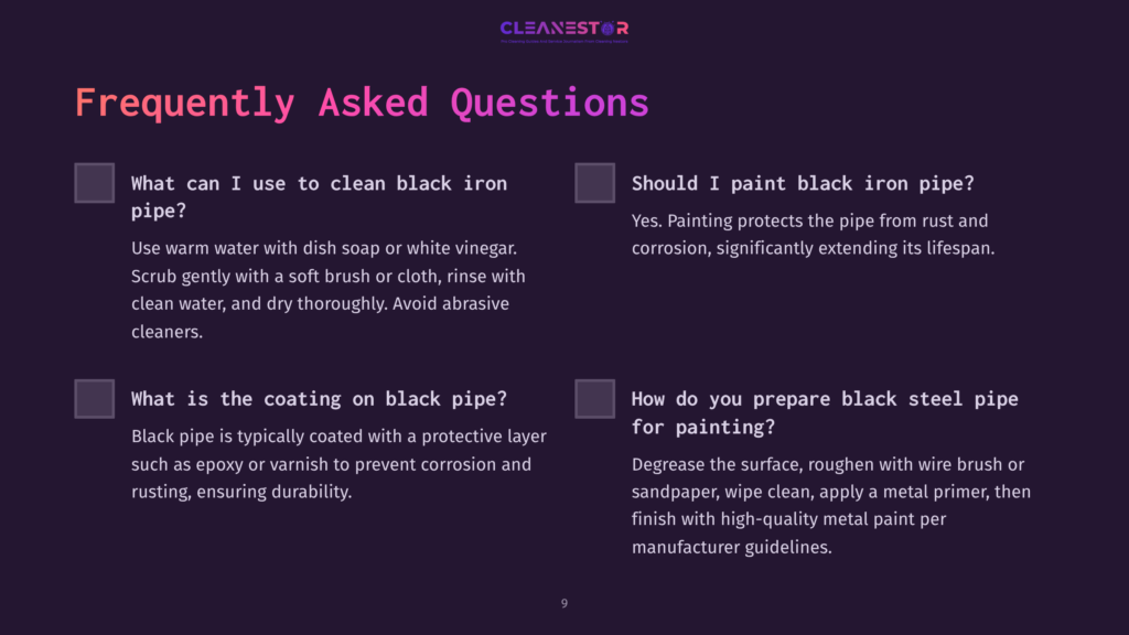 Text On A Dark Background With Purple Accents; Includes Faqs About Cleaning And Painting Black Pipe, Featuring Questions And Concise Answers.