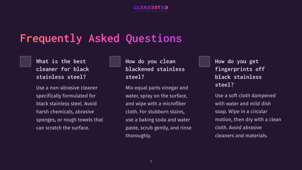 Text On A Dark Background Outlines Faqs About Cleaning Black Stainless Steel, Featuring Sections With Questions And Clean, Highlighted Answers.