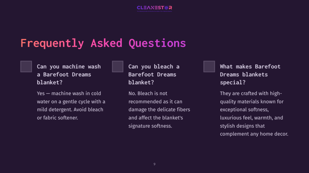 Text On A Dark Purple Background Featuring Faqs About Cleaning Barefoot Dreams Blankets, With White And Light Purple Text.