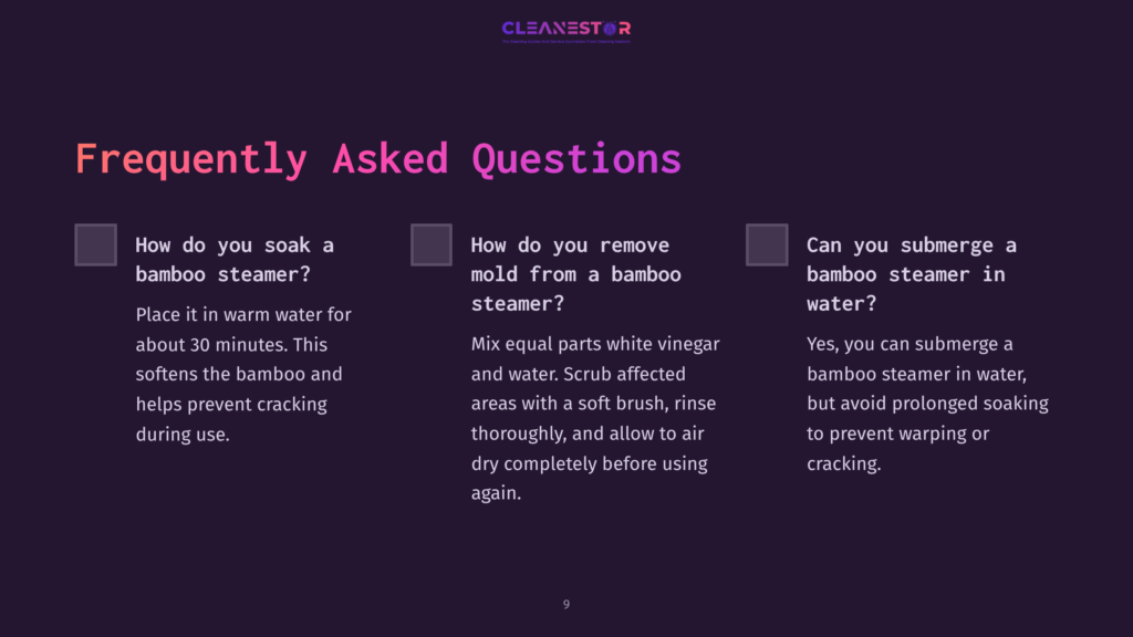 Text On A Dark Purple Background Featuring Three Faq Boxes About Cleaning And Caring For Bamboo Steamers, Using White And Light Pink Fonts.