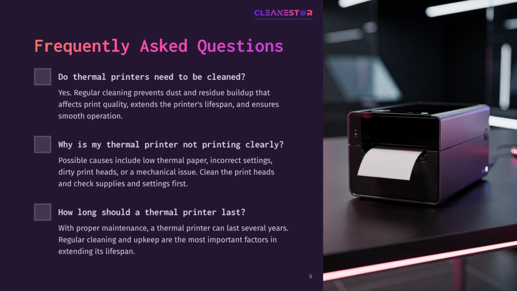 A Thermal Printer On A Clean Desk, Displaying A Black Design With Colorful Accents, Alongside Text Addressing Common Faqs.