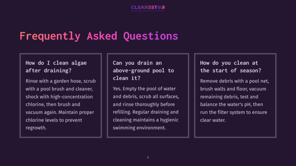 Text On A Dark Purple Background With White And Pink Headings. Sections Include Faqs On Pool Cleaning And Maintenance, With Bullet Points For Clarity.