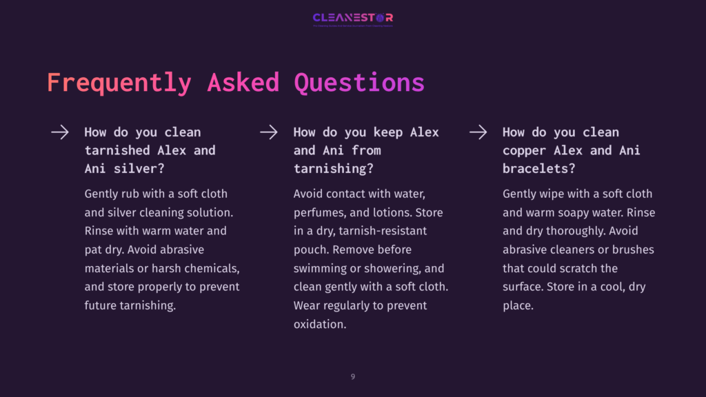 Text-Heavy Graphic With A White Background Featuring Three Questions About Cleaning And Maintaining Alex And Ani Bracelets And Jewelry.