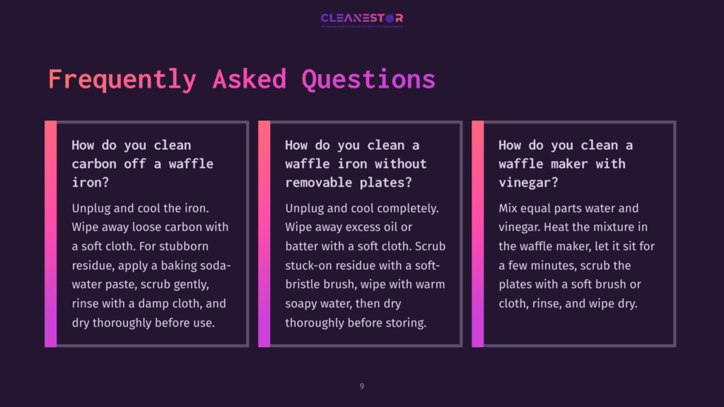 Three Question-And-Answer Boxes In Purple And Pink Shades, Discussing Cleaning Methods For Waffle Cone Makers And Irons, Are Displayed.
