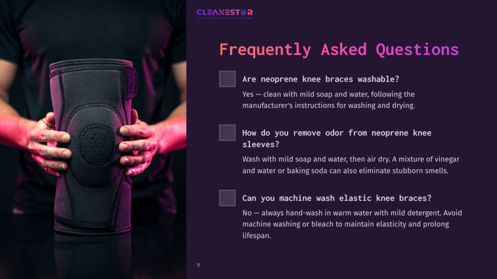 A Person Holding A Black Neoprene Knee Brace, With A Purple And White Faq Section On The Right Side, Featuring Key Cleaning Tips.