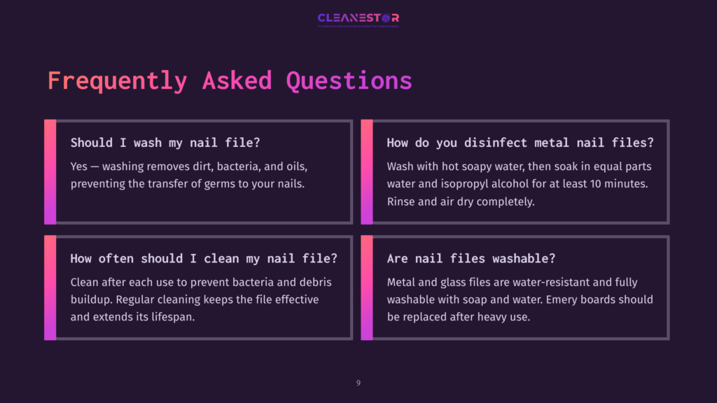 Purple And Pink-Themed Faq Layout With Four Boxes Addressing Nail File Care, Featuring Questions And Concise Responses About Cleaning Practices.