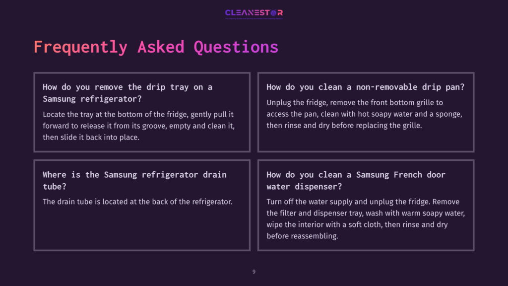 Four White Text Boxes On A Dark Purple Background, Displaying Faqs About Cleaning A Samsung Refrigerator, With Clear, Concise Questions And Answers.