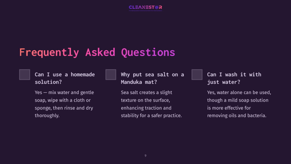 Purple Background With White And Pink Text Presents Faqs About Cleaning A Manduka Yoga Mat, Including Options And Advice.