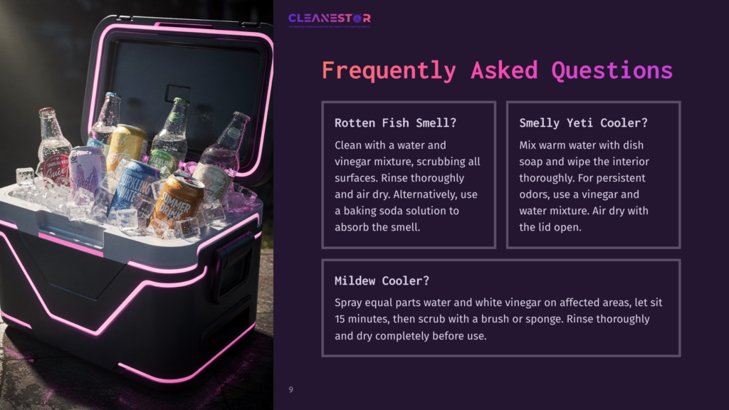 A Cooler Filled With Ice And Assorted Drinks, Illuminated With Pink And Blue Lights, Alongside Cleaning Tips In A Split Layout.