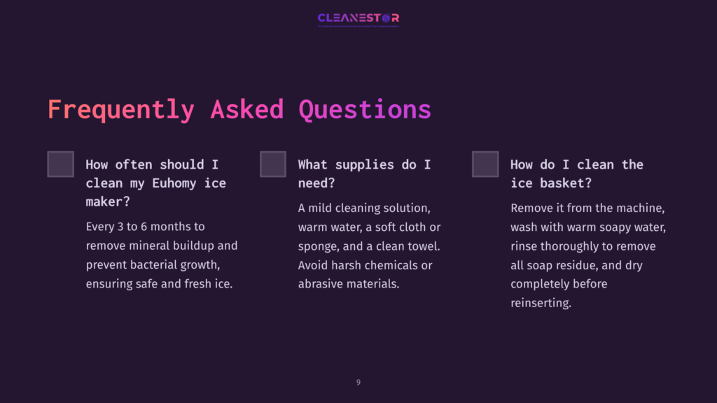 Three Questions Outlined In White Text On A Dark Purple Background, Addressing Cleaning Frequency, Required Supplies, And Ice Basket Cleaning Steps.
