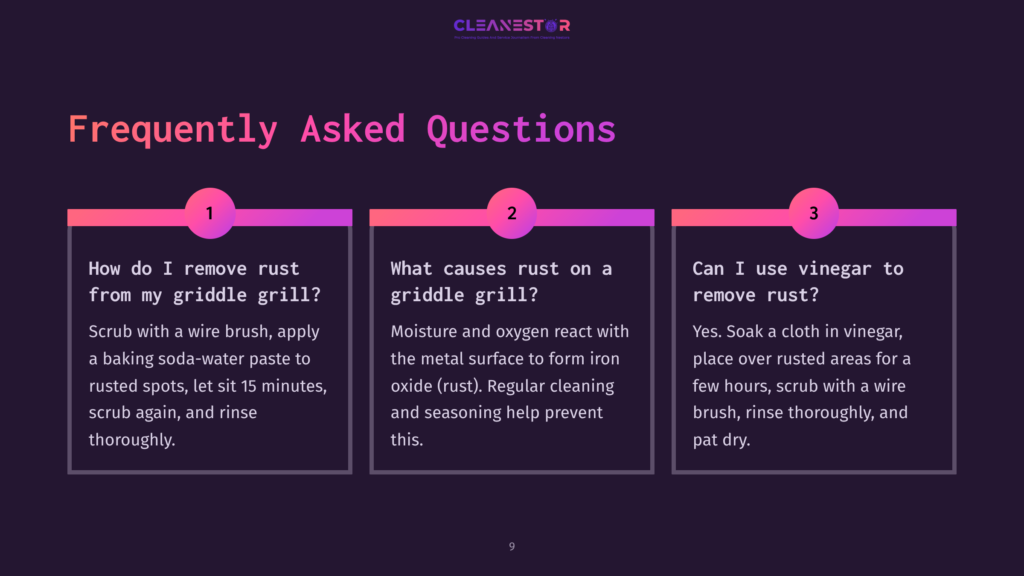 Three Faq Boxes With A Dark Background, Featuring Pink And White Text On Cleaning Rust From Griddle Grills, With Numbered Sections.