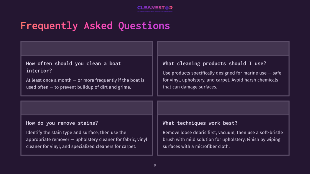 Four Quadrants Containing Faqs Related To Boat Cleaning: Questions About Cleaning Methods, Products, Stain Removal, And Best Techniques, On A Dark Background.
