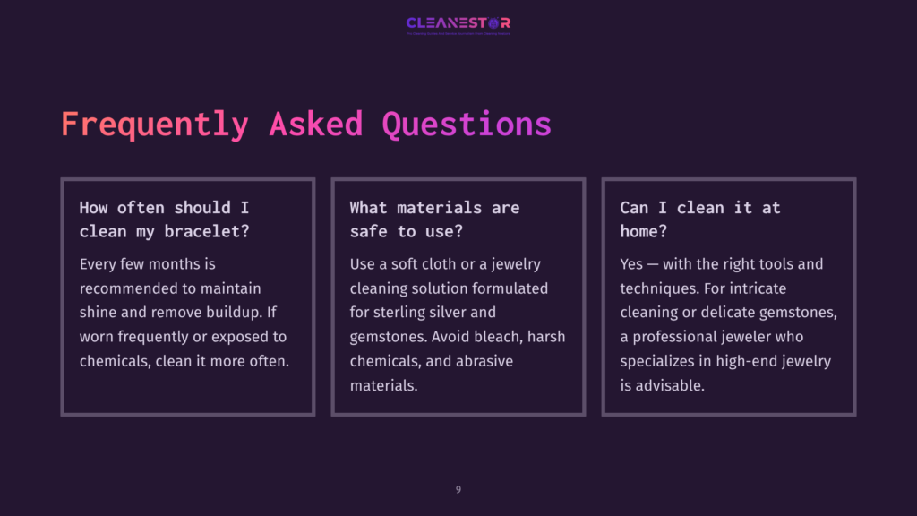 Screenshot Of A &Quot;Frequently Asked Questions&Quot; Section From A Website, Featuring Three Distinct Boxes With Questions And Answers About Cleaning Jewelry, Specifically Bracelets And Gemstones.