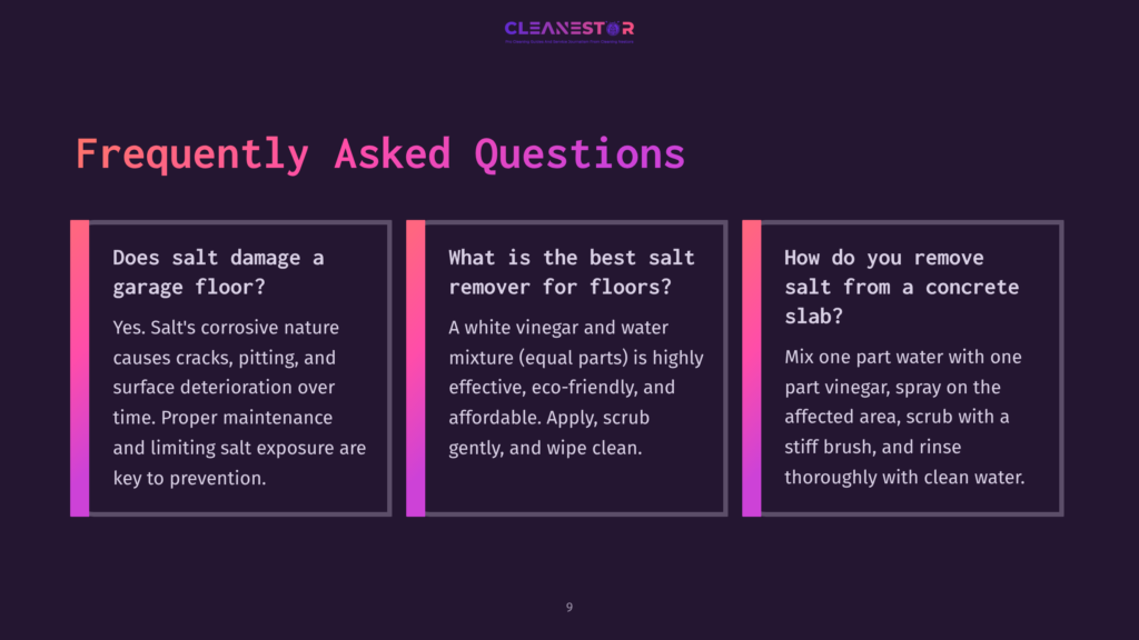 9 Frequently Asked Questions 8 Three Colored Panels With Text Outlining Frequently Asked Questions About Cleaning Salt From Garage Floors, Featuring A Dark Background.