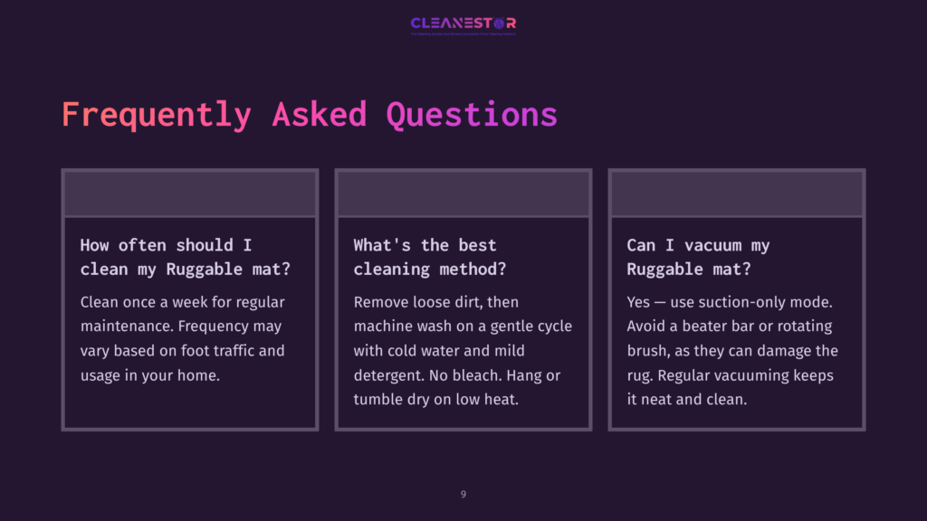 A Dark Purple Background With The Text &Quot;Cleanestor&Quot; At The Top And &Quot;Frequently Asked Questions&Quot; In Large White Font. Three Purple Boxes With Rounded Corners Contain Text About Cleaning Ruggable Mats.