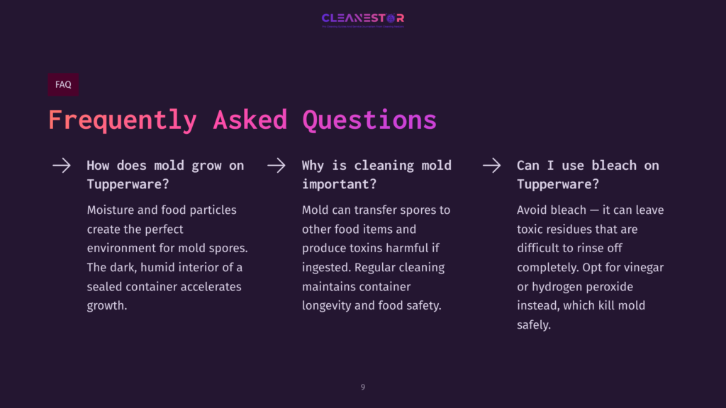 Cleanestor Faq Slide With Questions About Mold Growth In Tupperware, Why Cleaning Mold Is Important, And Using Bleach On Tupperware. The Slide Has A Dark Purple Background And White Text.
