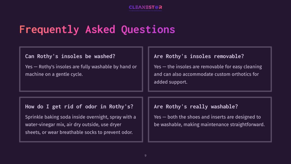 Four Question-And-Answer Boxes On A Dark Purple Background, Featuring White Text Regarding The Washability And Maintenance Of Rothys Insoles.