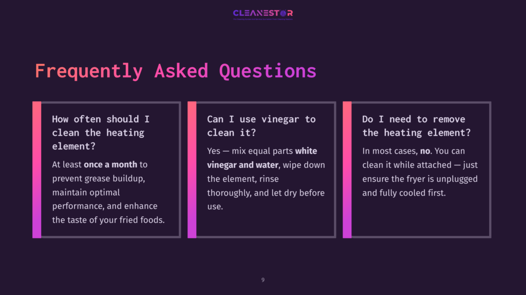 A Dark Purple Background With Three Colorful Boxes Containing Frequently Asked Questions About Cleaning A Heating Element. The Boxes Are Pink, Purple, And Blue, And Contain Text About Cleaning Frequency, Vinegar Use, And Removing The Element.