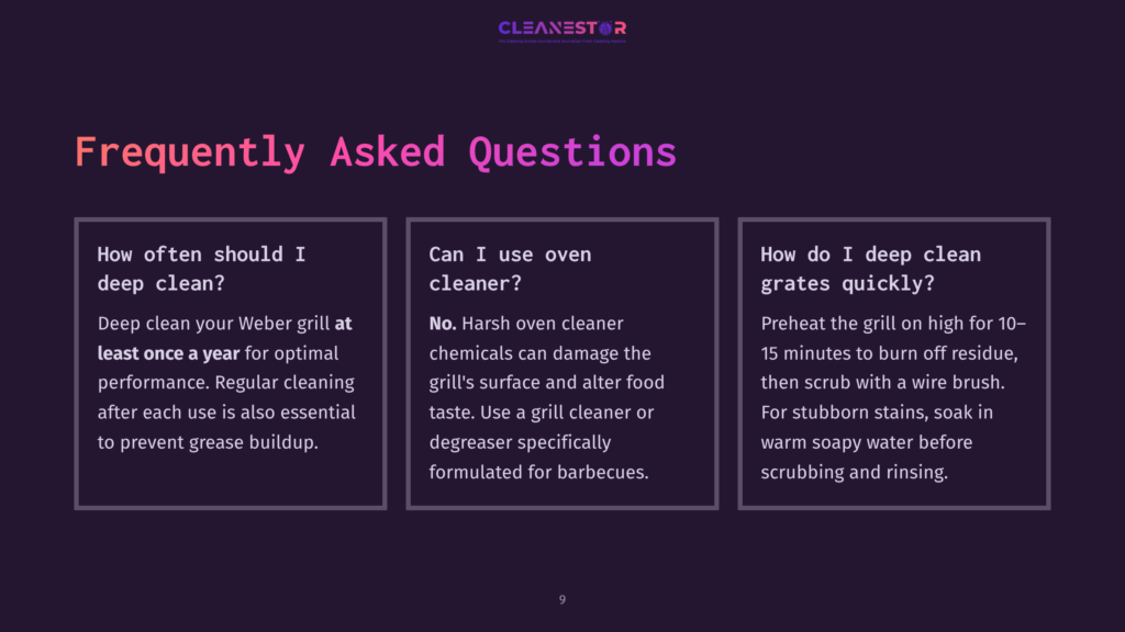 Frequently Asked Questions About Weber Grill Cleaning, Including How Often To Deep Clean, Using Oven Cleaner, And How To Deep Clean Grates Quickly.