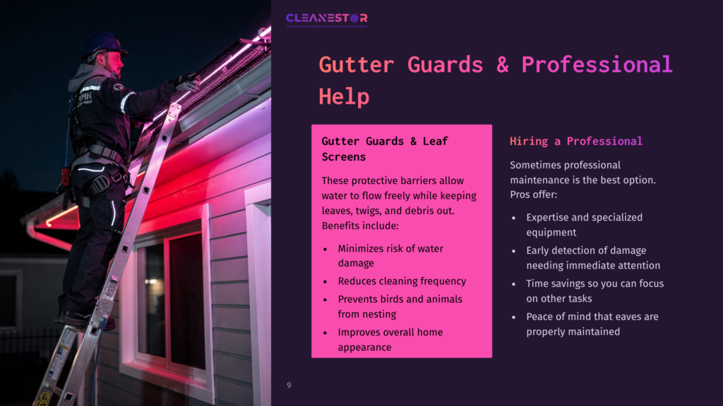 A Person On A Ladder Installs Gutter Guards On A House At Night, With Bright Pink And Purple Lighting Highlighting The Eaves.