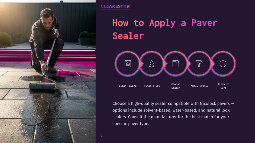 A Man In Work Clothes Uses A Roller To Apply A Clear Sealer To Dark Grey Pavers On A Patio, With Pink Led Lights In The Background. The Image Also Displays The Text &Quot;Cleanestor&Quot; And &Quot;How To Apply A Paver Sealer&Quot; With A Step-By-Step Graphic.