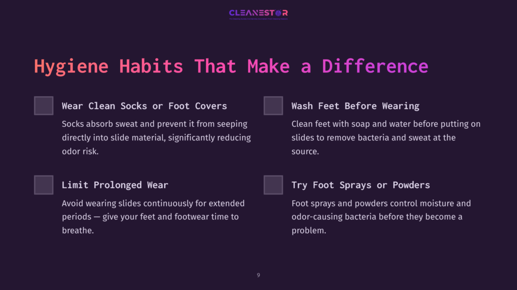 Hygiene Habits That Make A Difference: Wear Clean Socks Or Foot Covers, Wash Feet Before Wearing, Limit Prolonged Wear, And Try Foot Sprays Or Powders. Text Overlay On A Dark Purple Background With A Subtle Gradient.