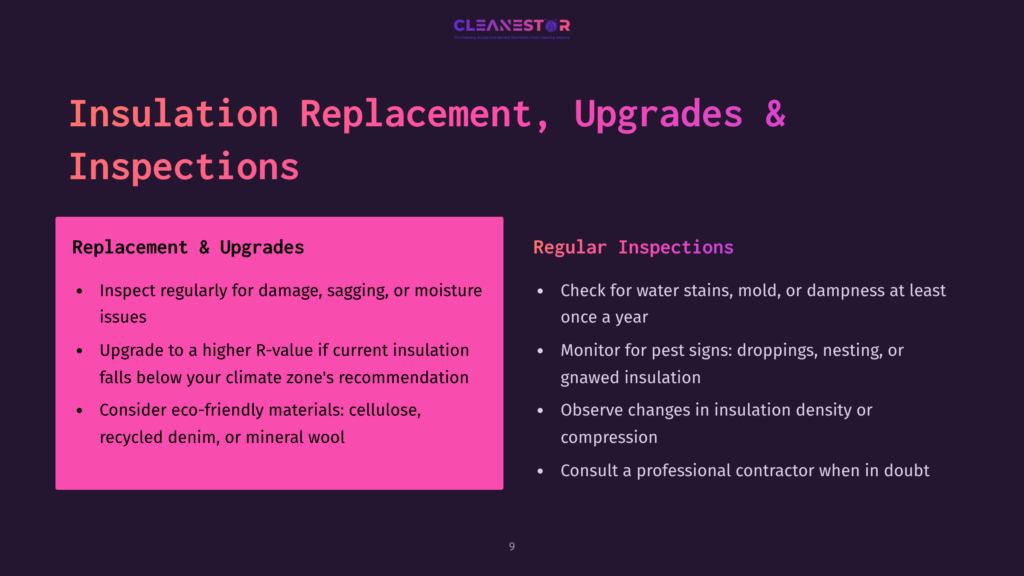 Text Outlining Insulation Replacement, Upgrades, And Inspections, With Highlighted Sections In Pink And Recommendations For Regular Check-Ups.