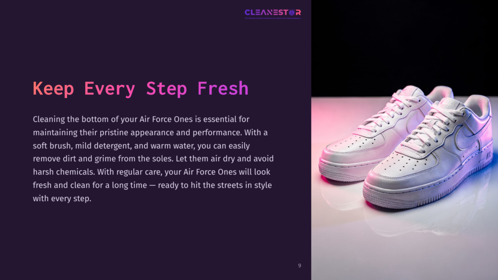 Cleanestor Logo At The Top, With A Pair Of Pristine White Nike Air Force 1 Sneakers On A Reflective Surface, Bathed In Pink And Blue Light. Text On The Left Reads &Quot;Keep Every Step Fresh.