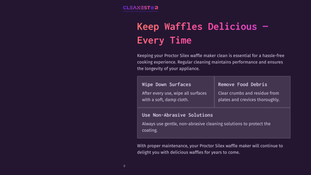 Instructions For Cleaning A Waffle Maker, With Headings Highlighted In Bold And A Dark Background, Emphasizing Key Cleaning Tasks.