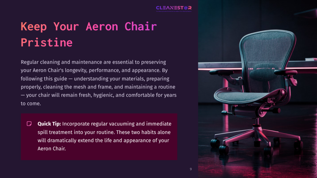 A Gray Aeron Chair On A Sleek, Dark Surface With A Purple Background, Emphasizing Clean And Organized Workspace Aesthetics.